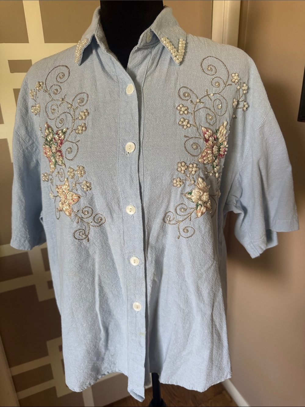 Vintage 90s Jane Ashley Beaded Chambray Shirt Blue Cotton Cottagecore M/L